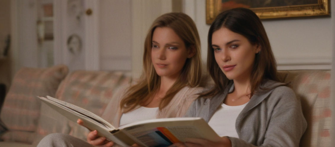 Two women sit on a cozy couch, each absorbed in a book in front of the TV.