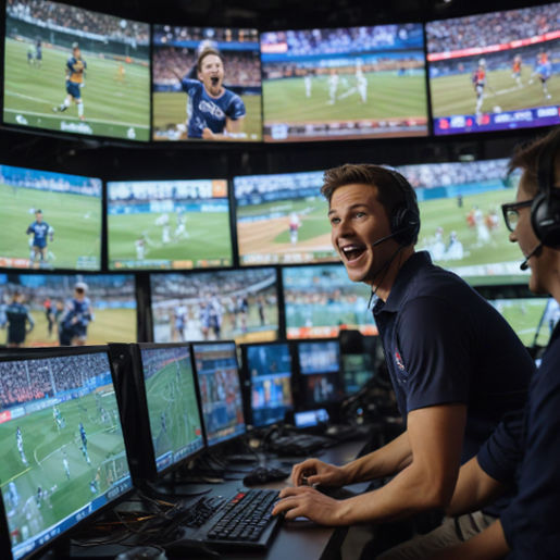 A sports broadcaster excitedly describes the action, surrounded by monitors showing live game footage.