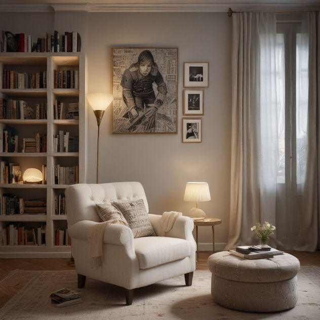A cozy living room with books, a TV streaming a sports game, and a fan taking notes.