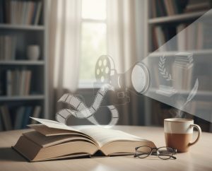 A book with a holographic image of a cinematic film