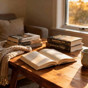 Cozy reading space with books by Australian authors, wooden table, open novel, warm sunlight through window, modern literary atmosphere, soft natural lighting.