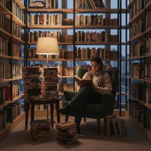 Person reading a literary novel in a quiet library corner, stacked books nearby, warm ambient lighting, thoughtful atmosphere, modern literary lifestyle.