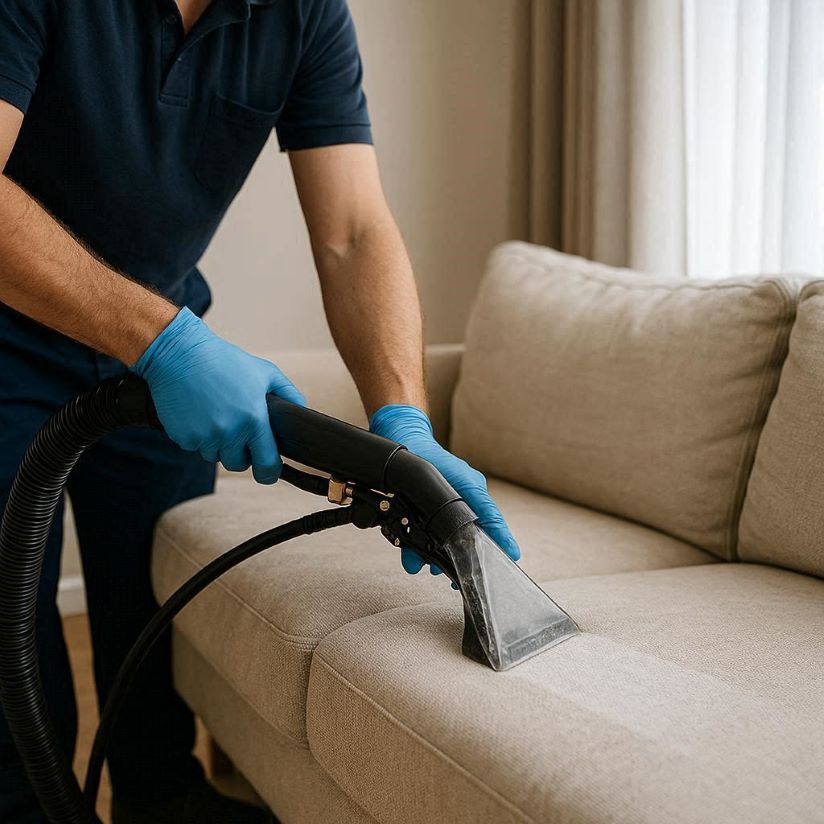 Professional cleaning process on a sofa