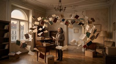 A symbolic, artistic depiction of a Viennese apartment filled with floating books, fading handwritten letters, and softly illuminated empty spaces, representing memory and storytelling. 