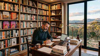 Contemporary Australian author writing in a modern study with bookshelves filled with novels