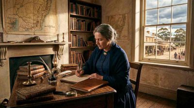 Historical Australian setting with a novelist writing at a wooden desk, vintage maps, old books, nineteenth-century architecture in the background.