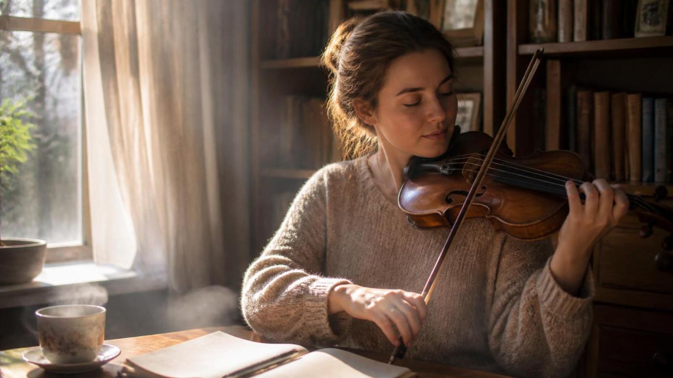 Writer pauses with violin and notebook, finding quiet inspiration near sunlit window.