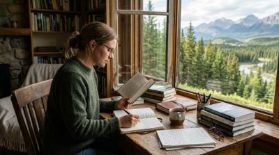 A writer reading and taking notes beside a window overlooking a beautiful natural landscape, books and handwritten pages on a wooden desk, trees and mountains outside